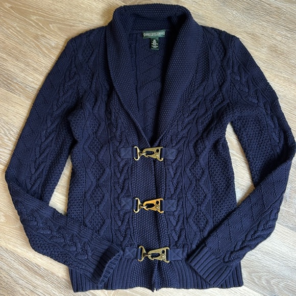 Lauren Ralph Lauren Sweaters - LAUREN CABLE-KNIT SWEATER navy blue size X Small shawl collar 100% cotton